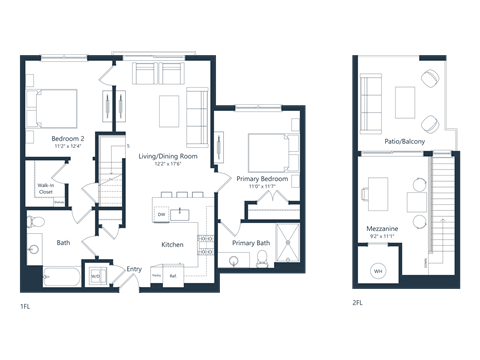 Floor plan for 2 beds, 2 baths, 1218 sqft
